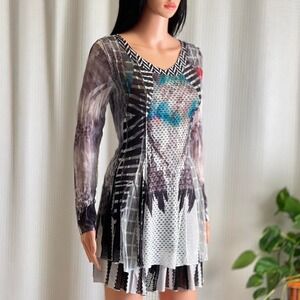 NWOT Funsport Abstract Print Mesh Layered Long Sleeve Tunic Top Dress Indie Sz M